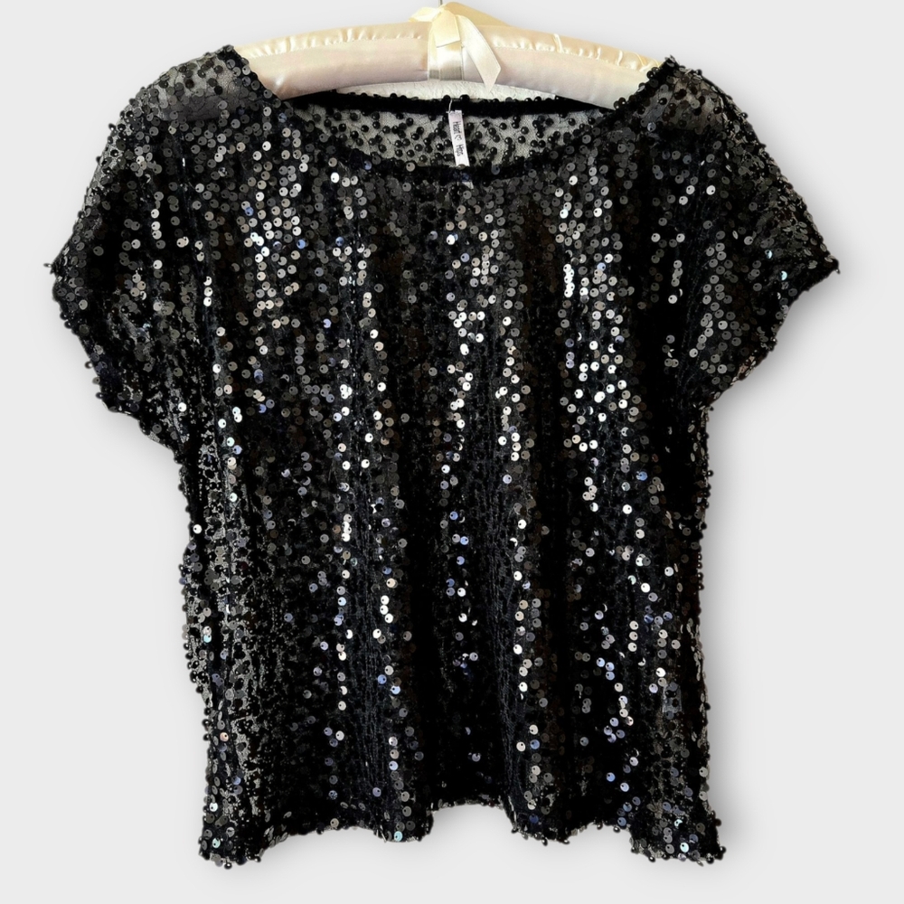 Heart & Hips Black Sequin Crop Top Semisheer Goth Whimsygoth Emo Witchy /  Sz M